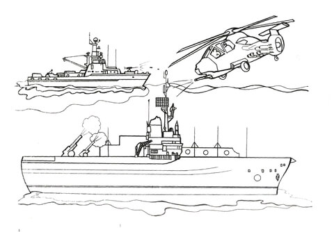 Helicopter Vs. Battleship Coloring Page